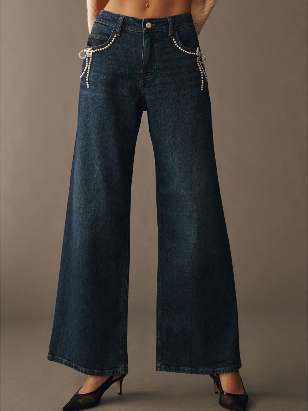 Pilcro Dark Blue Wide-Leg Jeans with Pearl Bow Embellishments